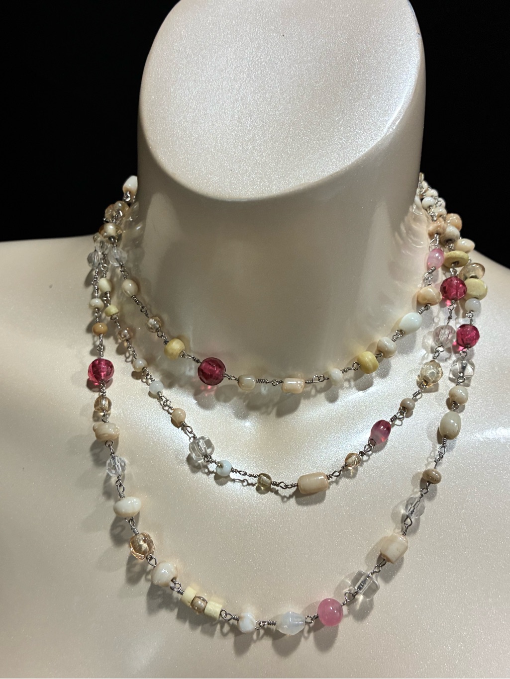 Aero Long Textured Glass & Natural Polished Stone Multi-Bead Necklace Earthy Euc